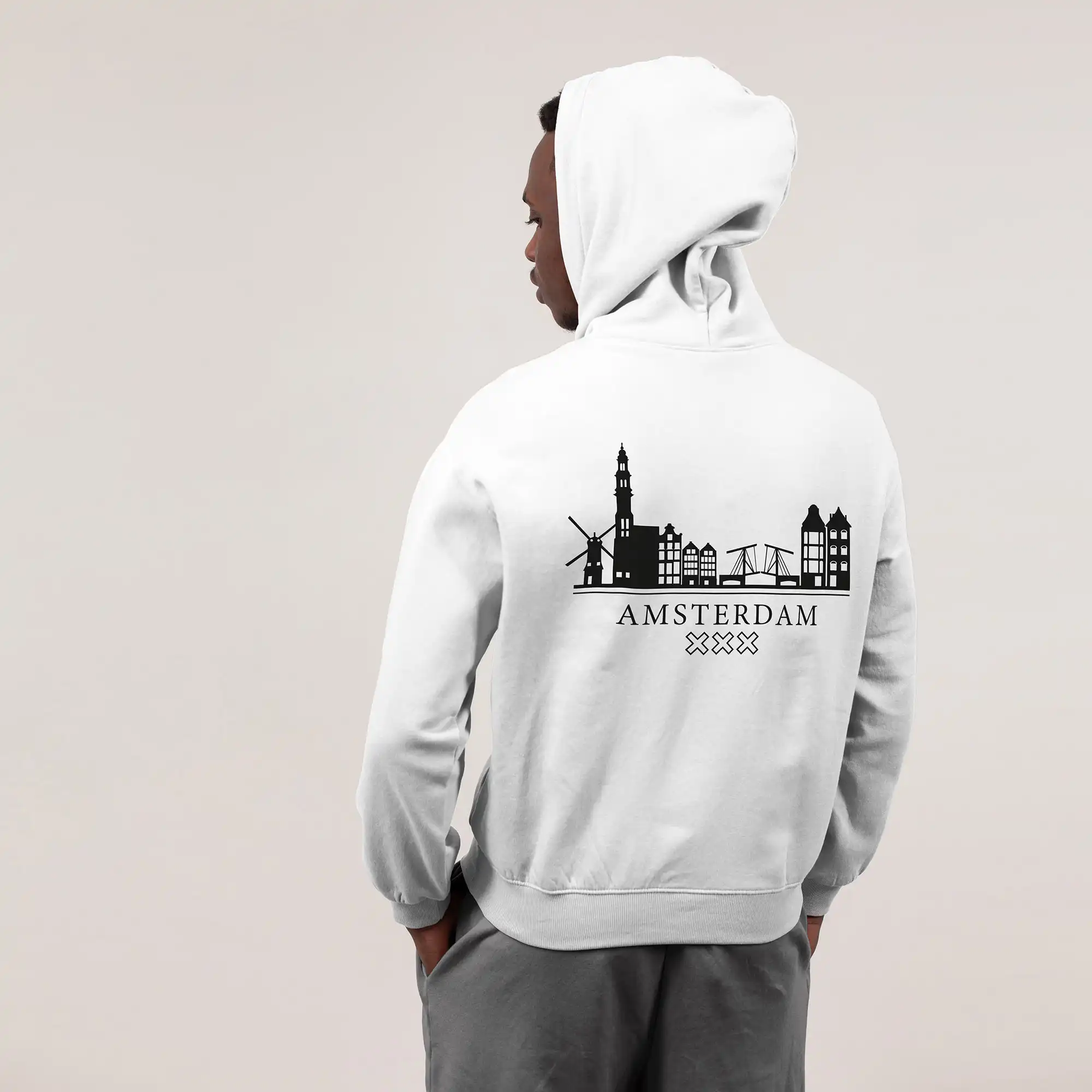 Skyline Amsterdam Hoodie - Ams model hoodie wit skyline zwart 1 - EK8189