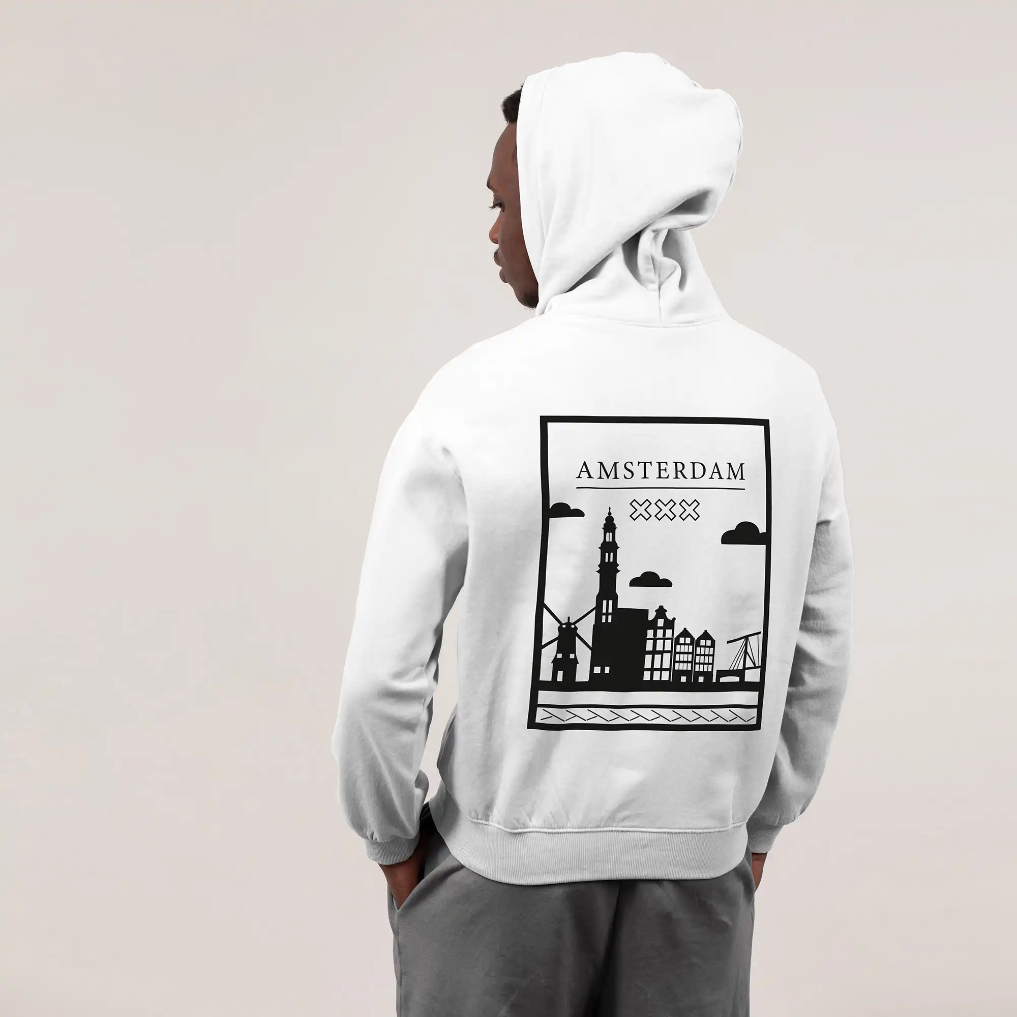 Amsterdam Hoodie - Ams model hoodie wit vlak zwart 1 - Amsterdam Hoodie 3