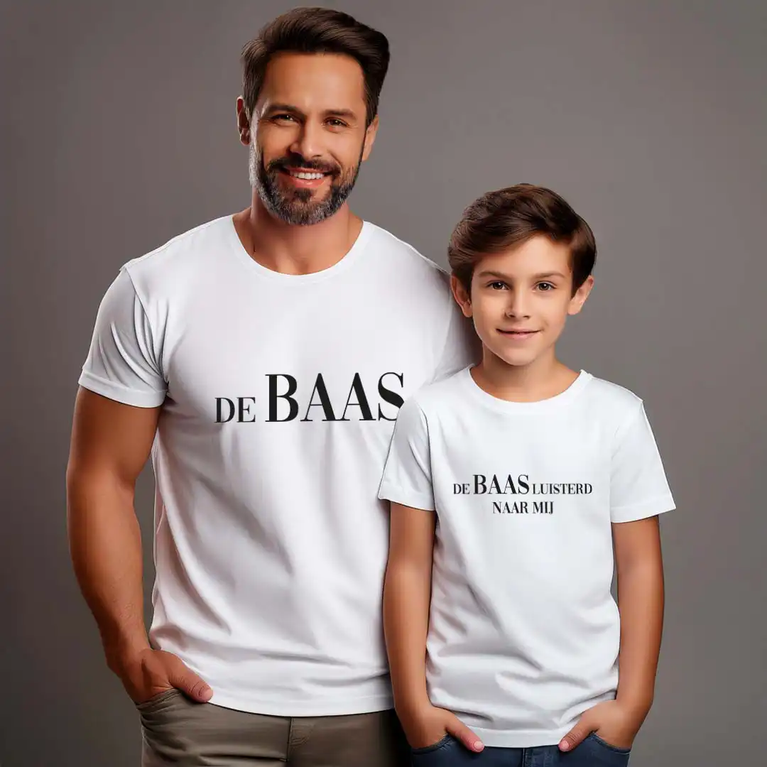 Matching Shirts Vaderdag - De Baas - Evenementenkledingnl model debaas vaderdag shirt romper wit zoon kopie - 1