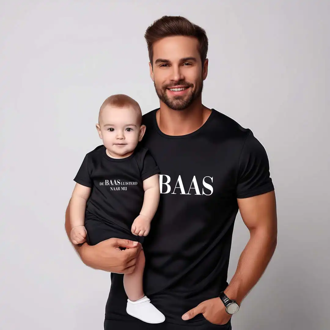 Matching Shirts Vaderdag Kids - De Baas - Evenementenkledingnl model debaas vaderdag shirt romper zwart 3 - Matching Shirts Vaderdag Kids - De Baas (2347