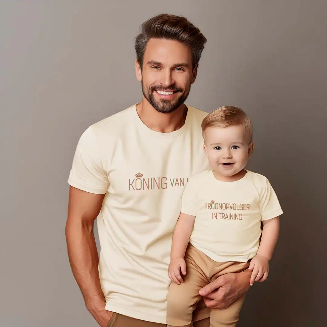 Matching Shirts Vaderdag Kids - De Koning - Evenementenkledingnl model koning vaderdag shirt romper beige - Matching Shirts Vaderdag Kids - De Koning (13