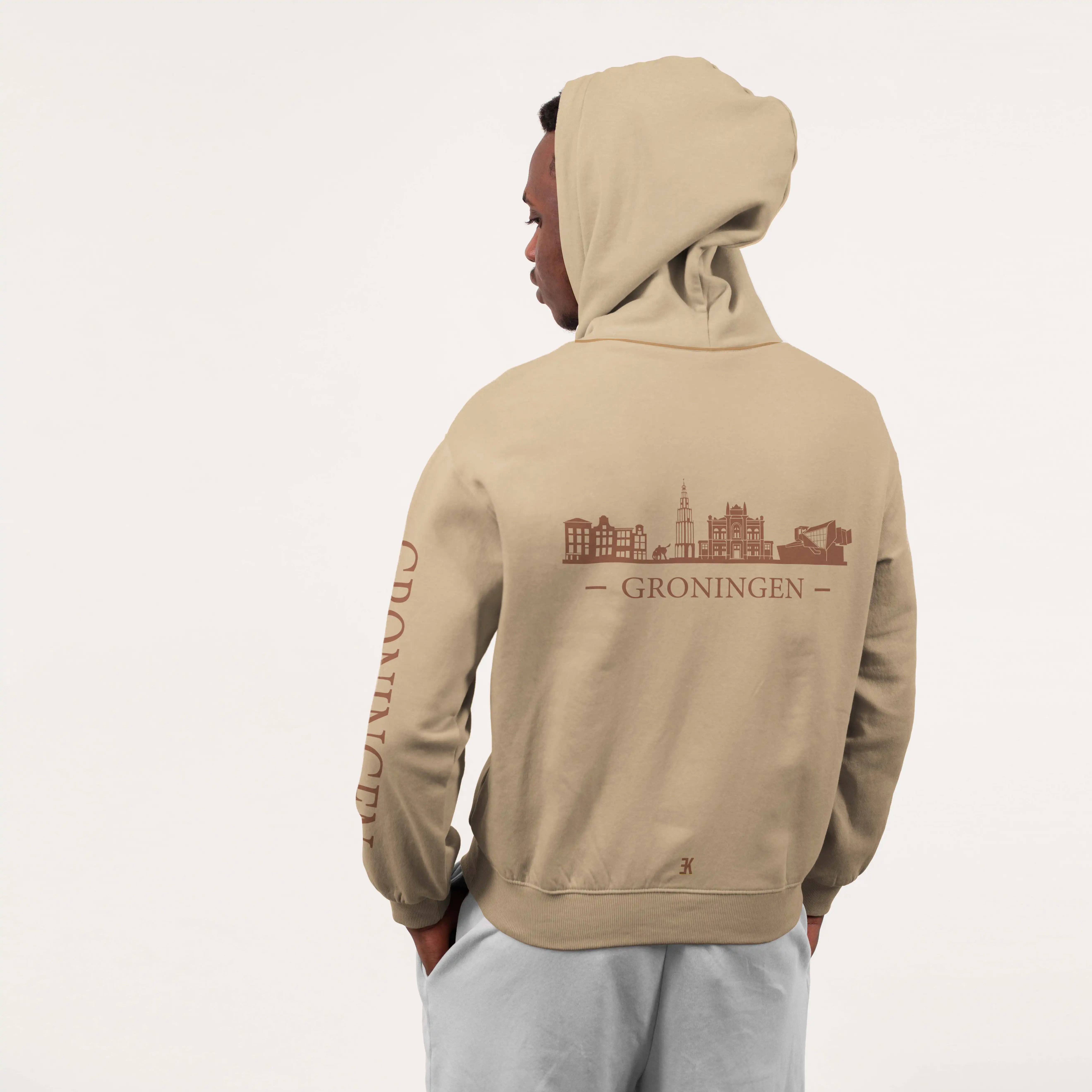 Groningen Skyline Hoodie - Groningen hoodie model beige skyline 1 - Groningen Skyline Hoodie
