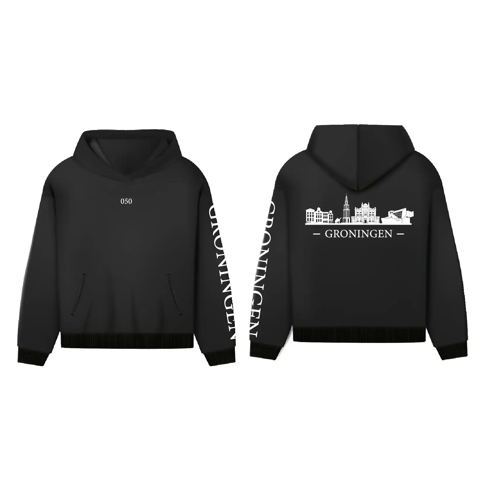 Groningen Skyline Hoodie - Hoodie zwart groningen opdruk wit skyline 1 - Groningen Skyline Hoodie O13201