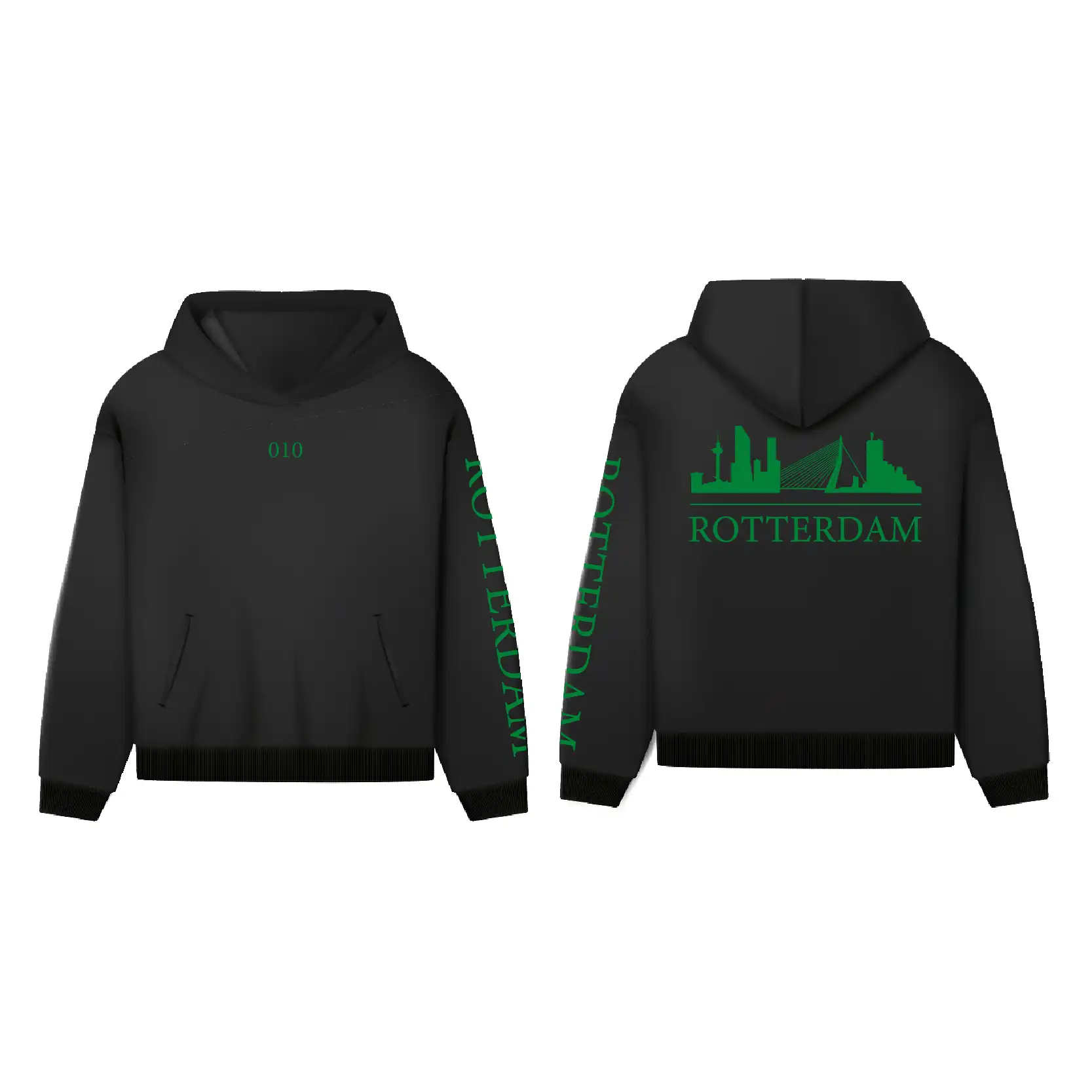 Skyline Rotterdam Hoodie - Hoodie zwart rotterdam opdruk groen skyline 4 - Skyline Rotterdam Hoodie  (21120)