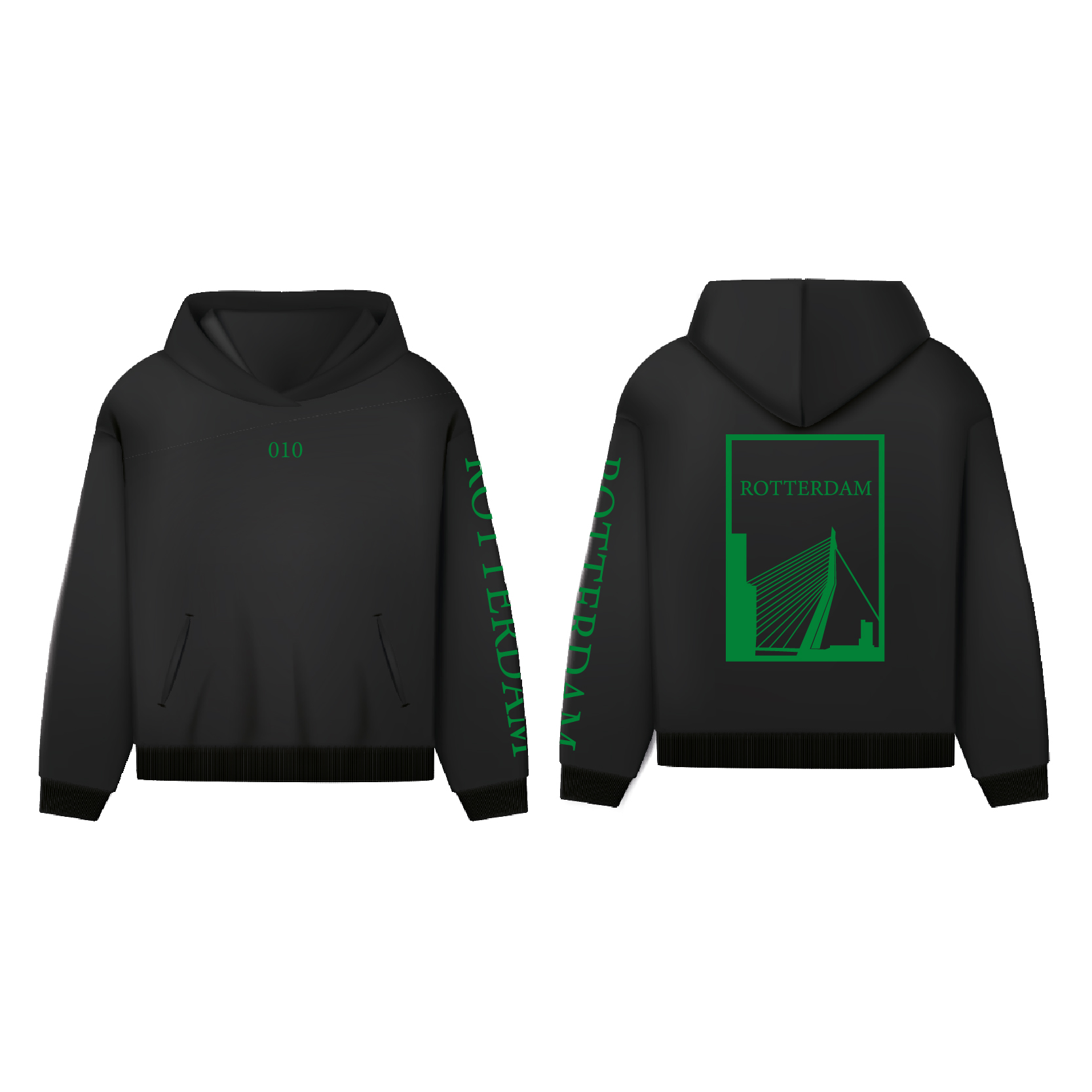 Rotterdam Hoodie - Hoodie zwart rotterdam opdruk groen vlak 2 - Rotterdam Hoodie (20084)