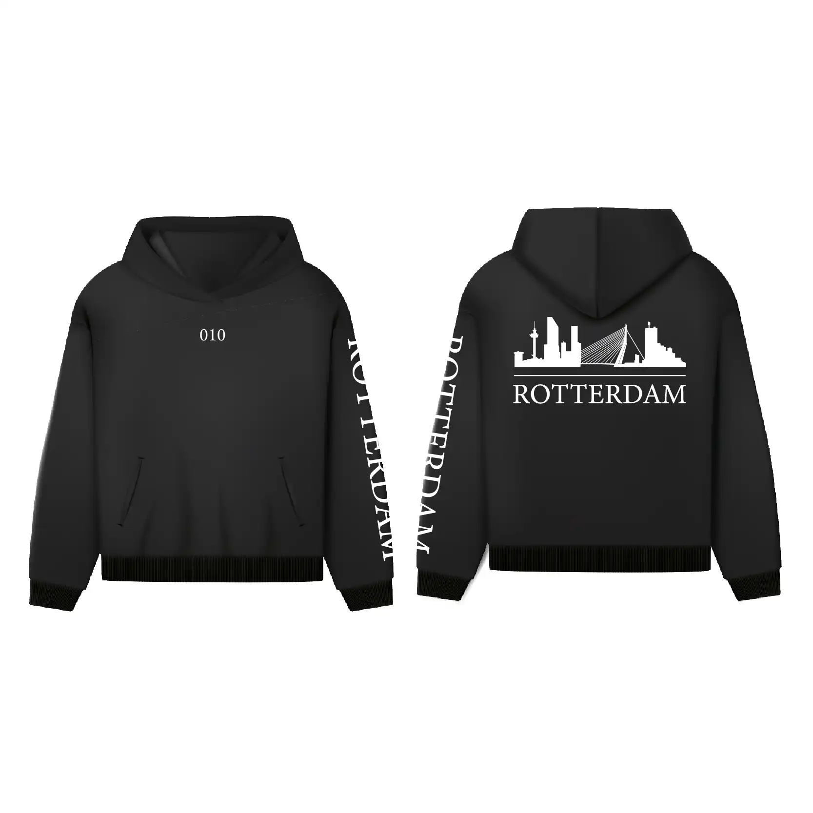 Skyline Rotterdam Hoodie - Hoodie zwart rotterdam opdruk wit skyline 4 - Skyline Rotterdam Hoodie 