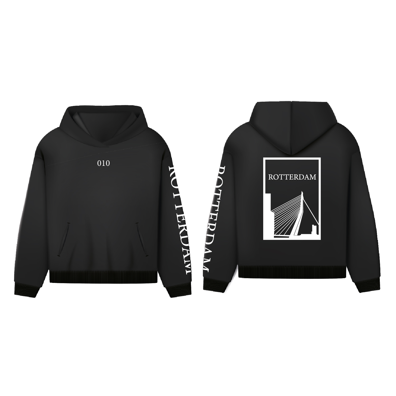 Rotterdam Hoodie - Hoodie zwart rotterdam opdruk wit vlak 1 - Rotterdam Hoodie