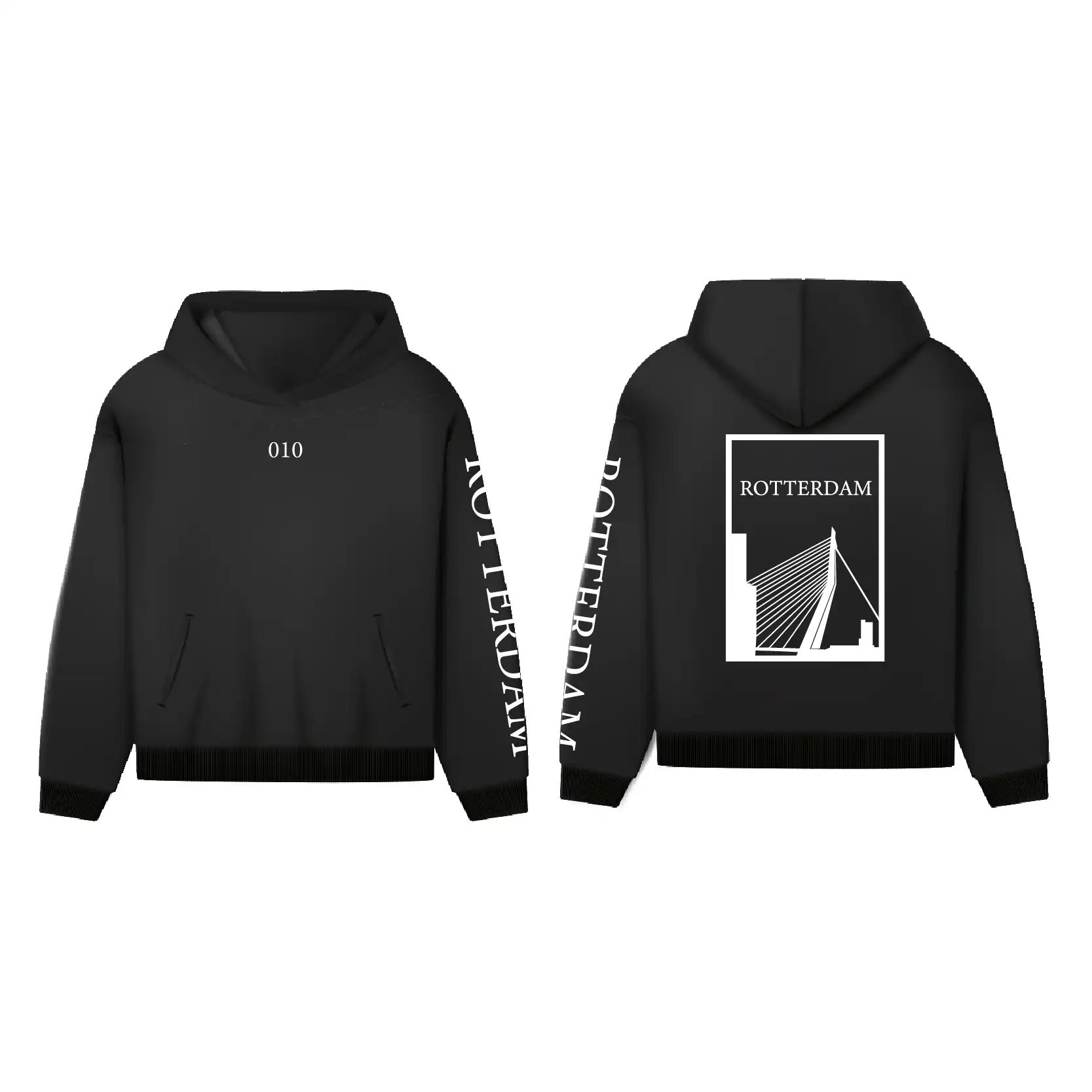 Rotterdam Hoodie - Hoodie zwart rotterdam opdruk wit vlak 2 - Rotterdam Hoodie (19489)