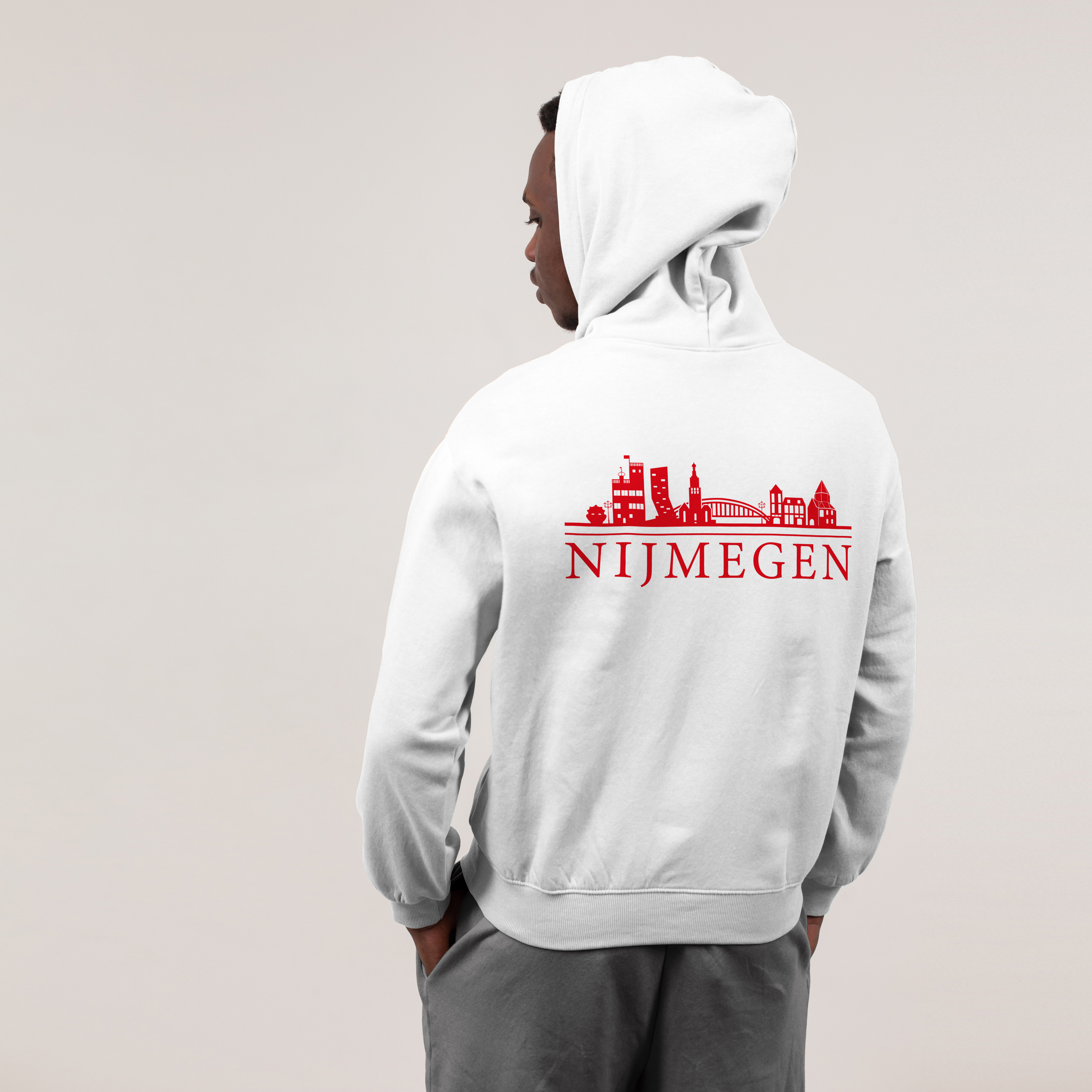 Skyline Nijmegen Hoodie - Nijmegen model hoodie wit skyline rood 3 - Skyline Nijmegen Hoodie  (wit met rood)