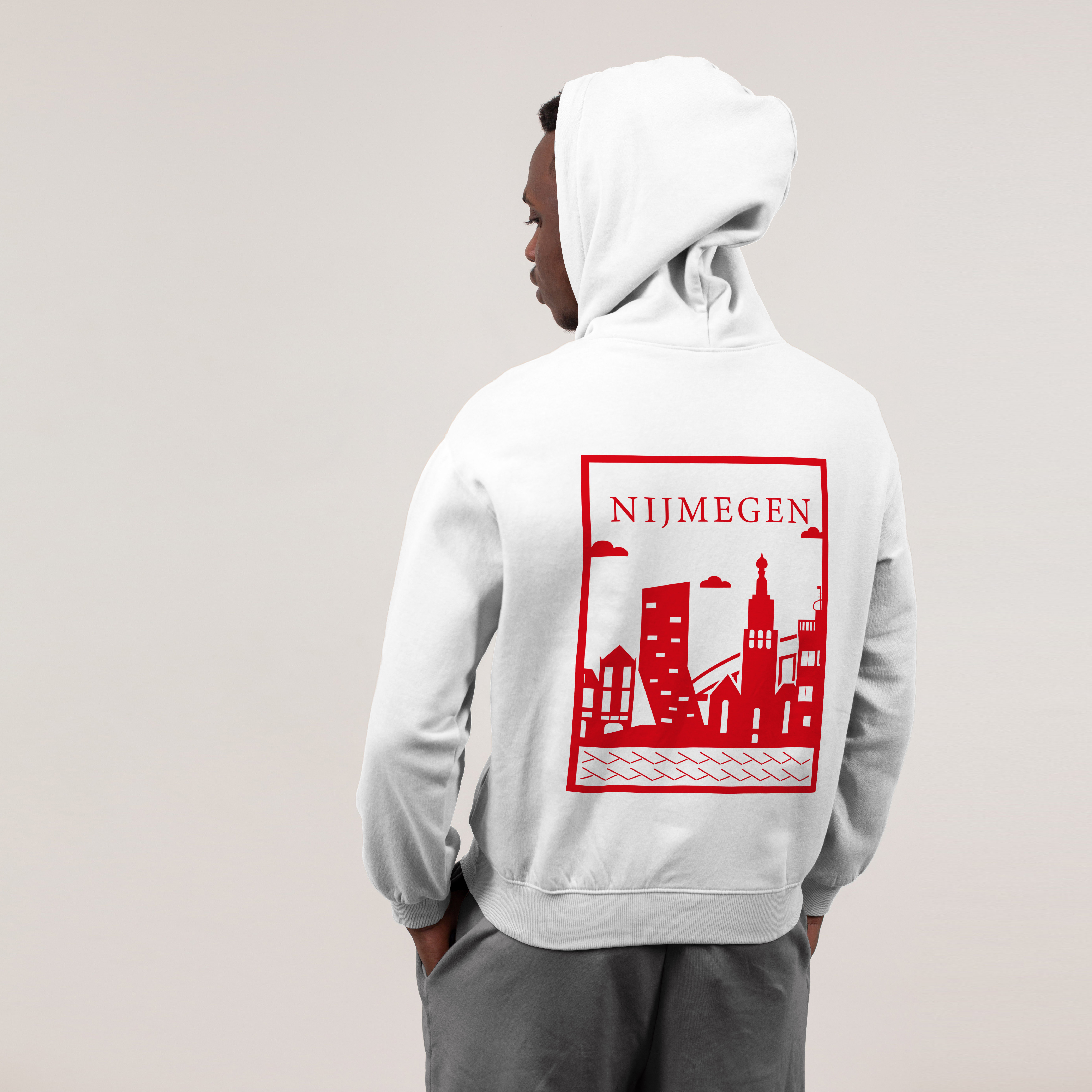 Nijmegen Hoodie - Nijmegen model hoodie wit vlak rood - Nijmegen Hoodie