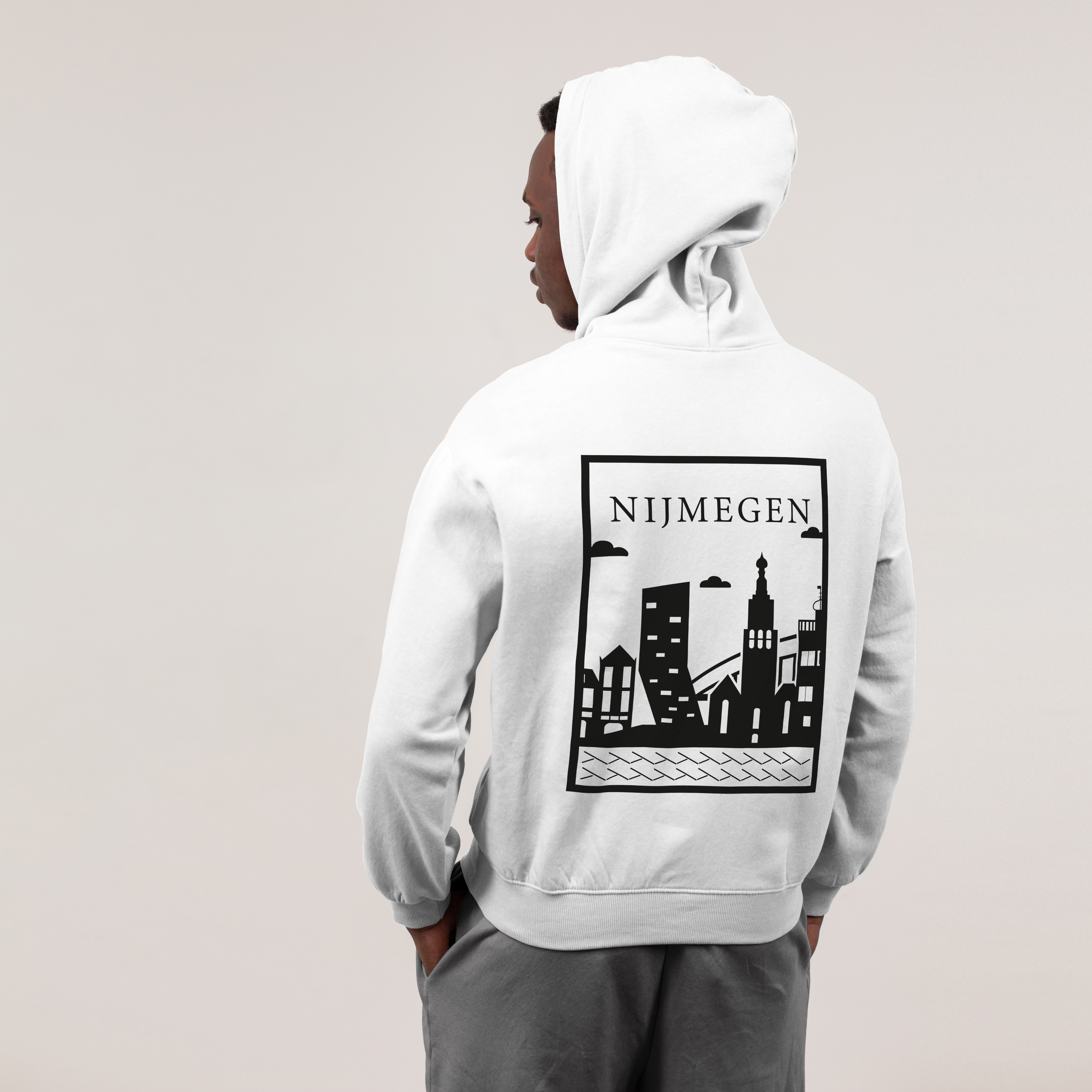Nijmegen Hoodie - Nijmegen model hoodie wit vlak zwart - Nijmegen Hoodie