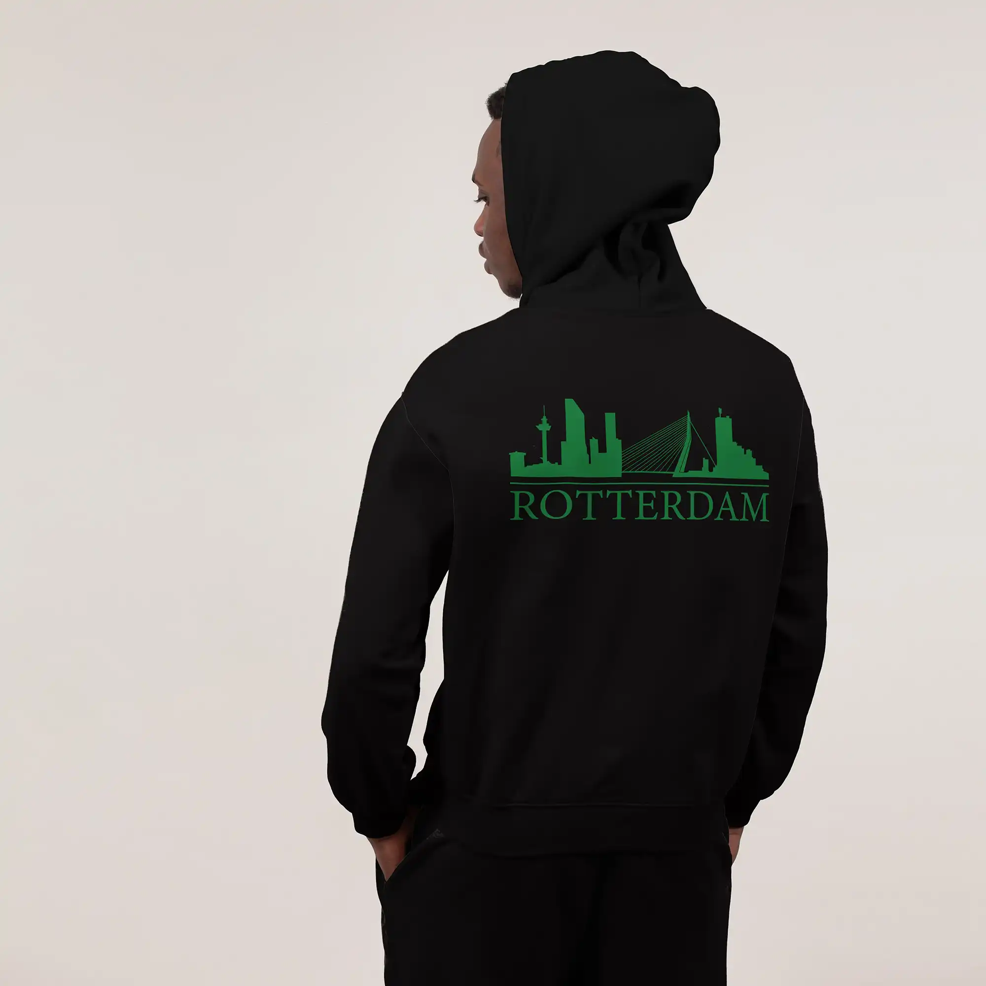Skyline Rotterdam Hoodie - Rttrdm model hoodie skyline groen 1 - Skyline Rotterdam Hoodie  (19786)