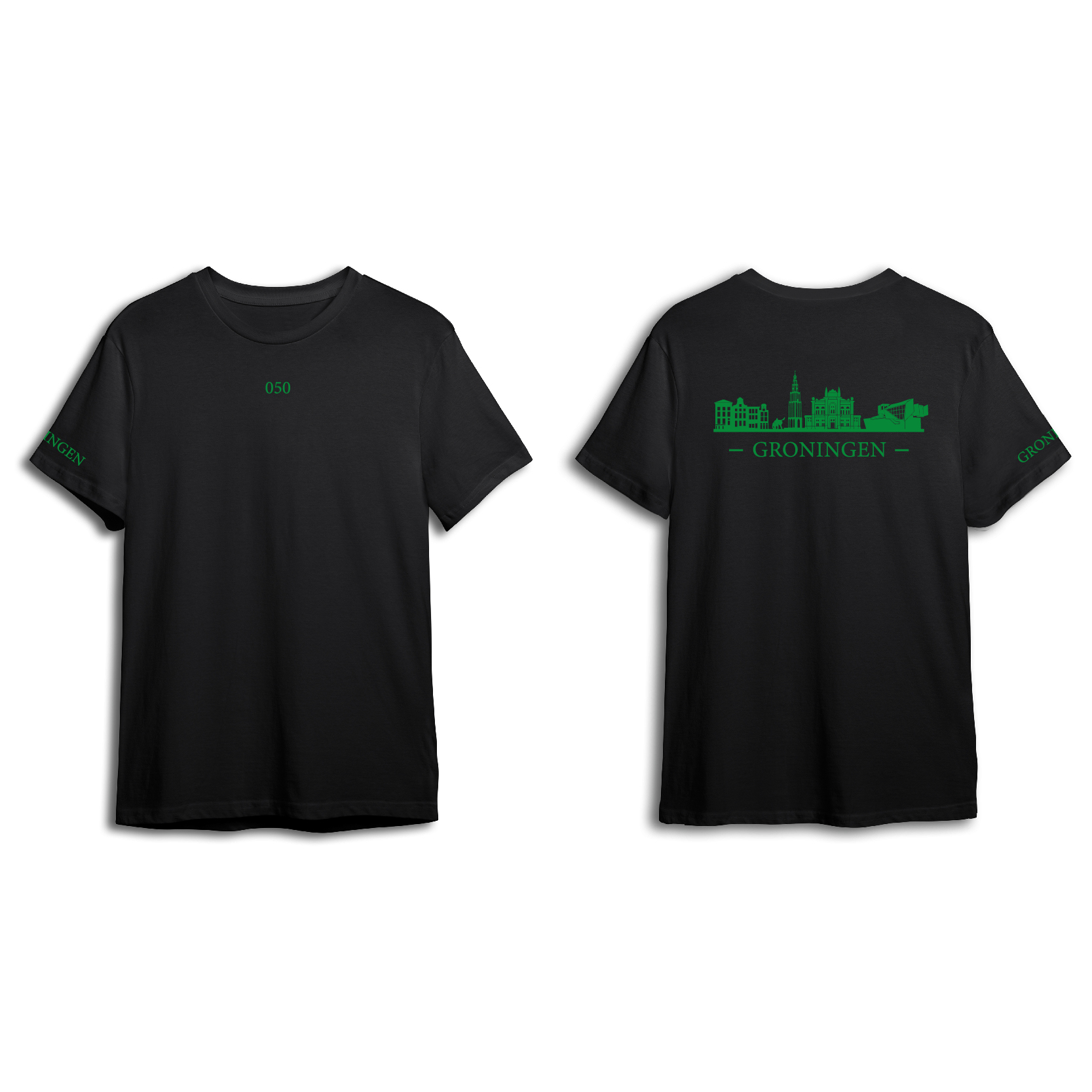 Groningen Skyline T-shirt - Shirt zwart groningen opdruk groen skyline - Skyline Groningen O13777