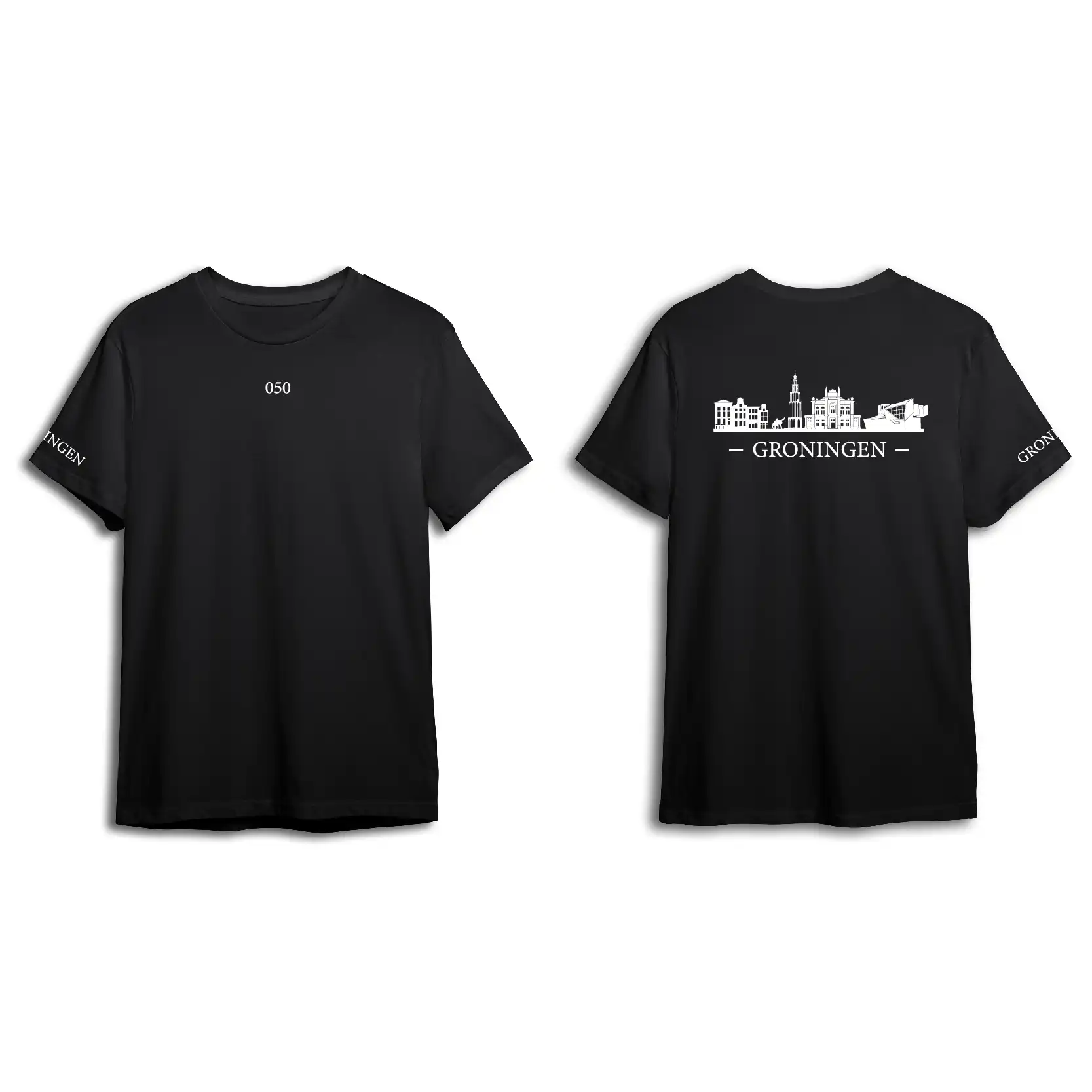 Groningen Skyline T-shirt - Shirt zwart groningen opdruk wit skyline 3 - Skyline Groningen Shirt O13228