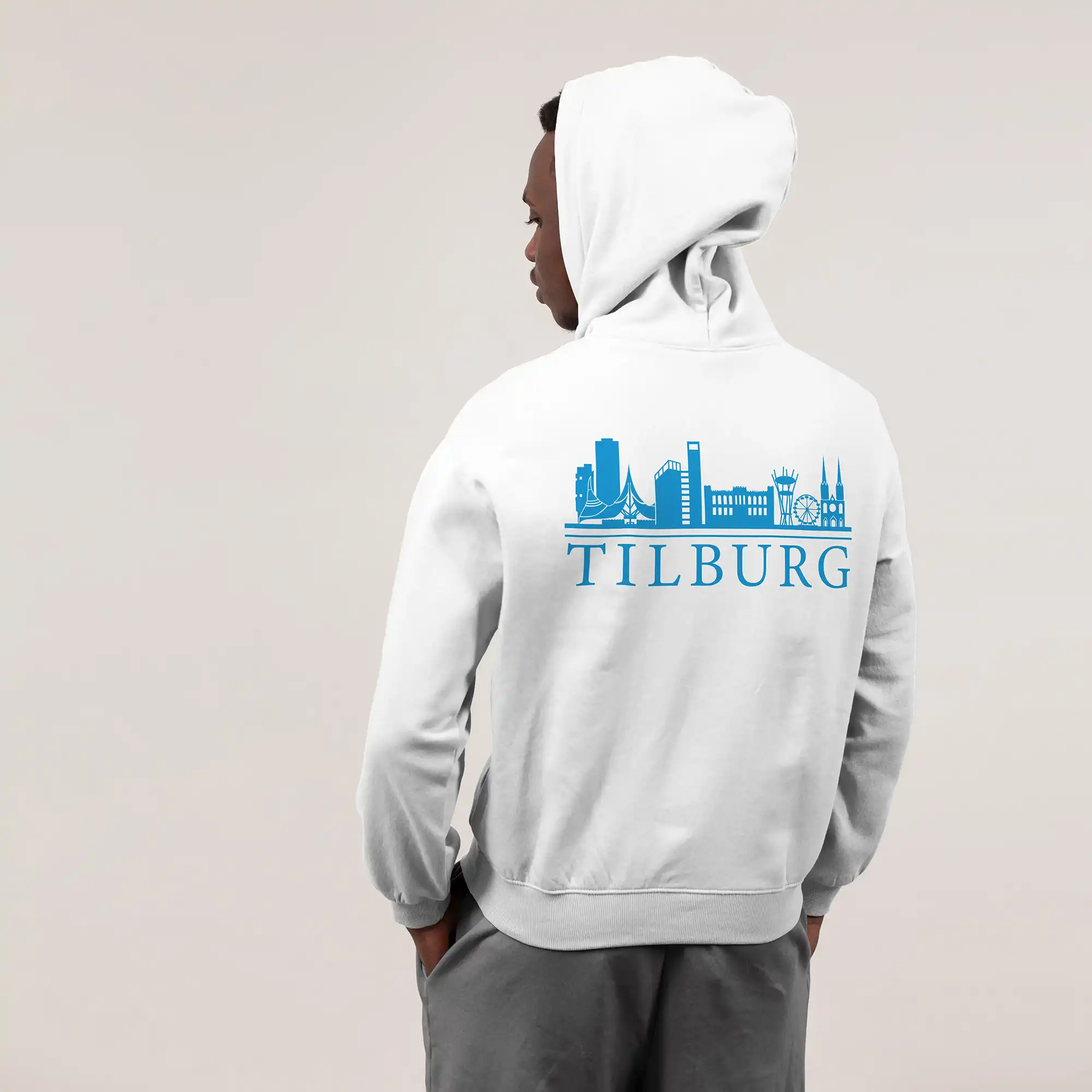 Skyline Tilburg Hoodie - Tilburg model hoodie wit skyline blauw 1 - Skyline Tilburg Hoodie (18787)