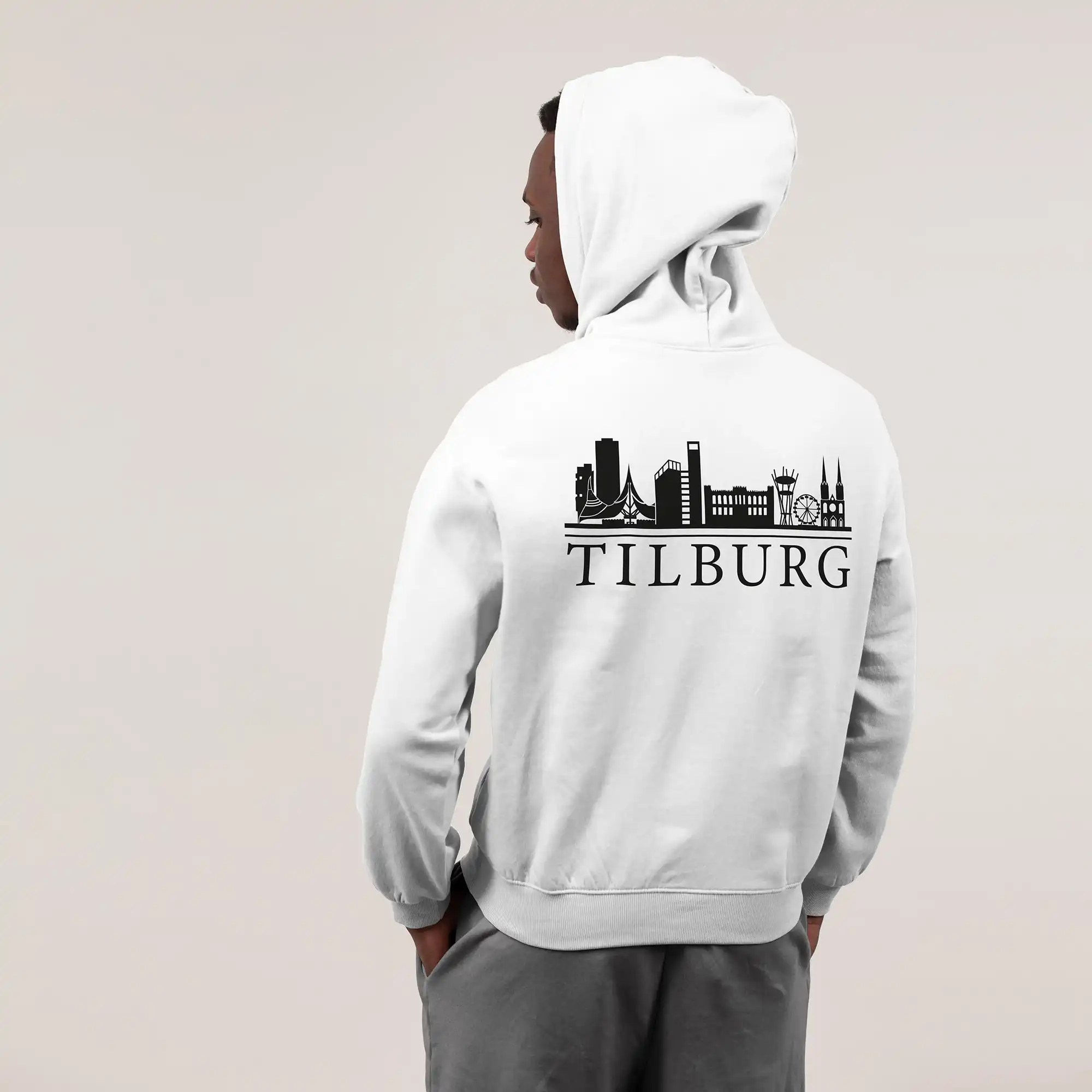 Skyline Tilburg Hoodie - Tilburg model hoodie wit skyline zwart - Skyline Tilburg Hoodie