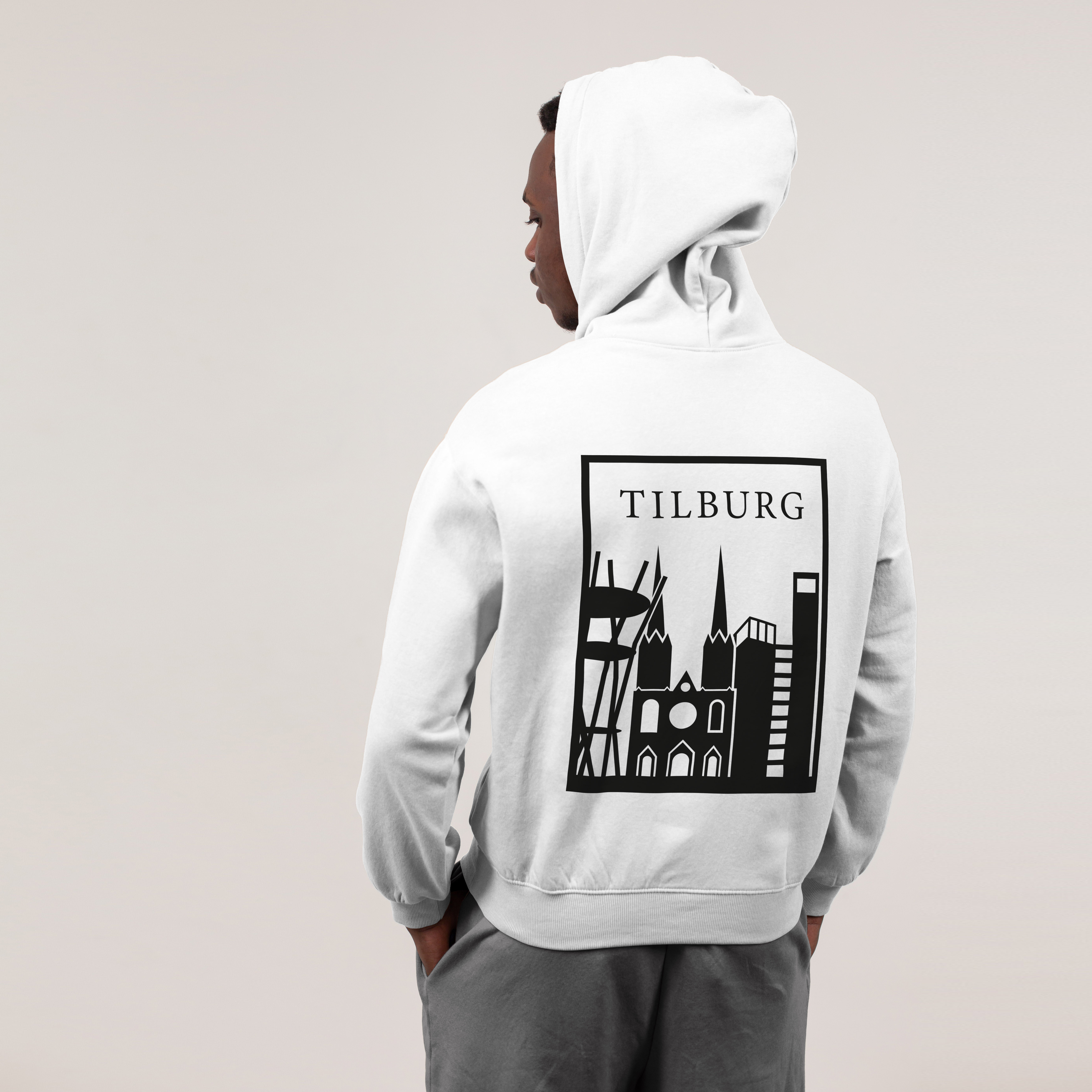 Tilburg Hoodie - Tilburg model hoodie wit vlak zwart - Tilburg Hoodie